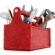 Red toolbox full of hand tools isolated on white background for learning technology tools concept