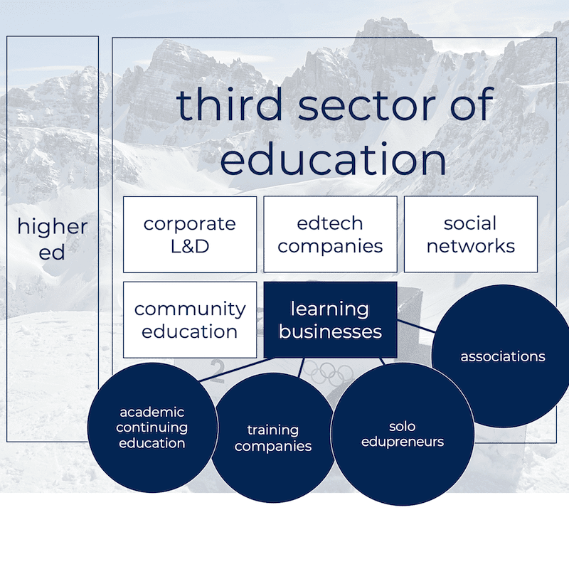 The third sector of education is made up of corporate L&D, edtech companies, social networks, community education, and learning businesses.