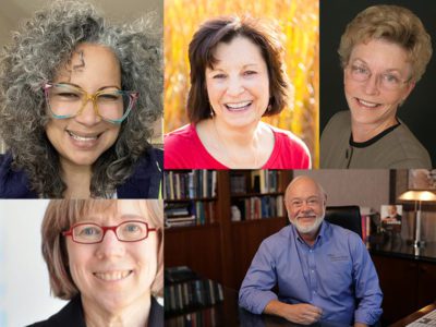 Leading Learning Podcast interviewees Myra Roldan, Patti Shank, Michael Allen, Ruth Colvin Clark, and Cathy Moore