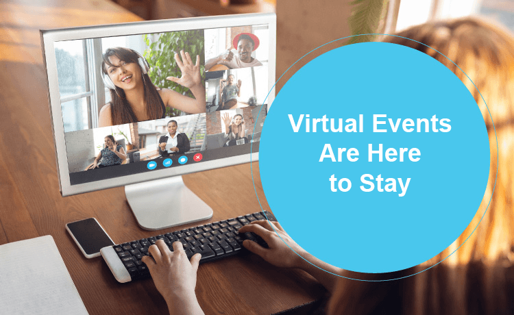 Woman participating in virtual event on desktop screen for benefits of virtual events concept