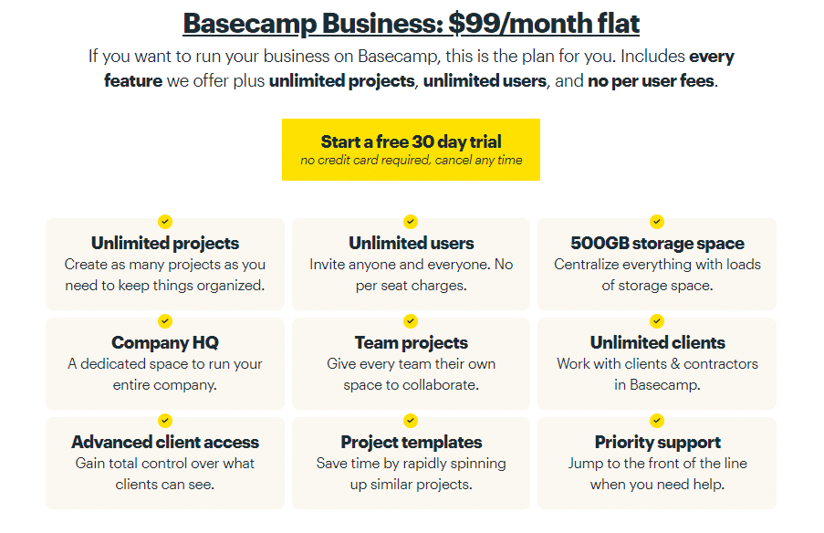 Basecamp Pricing and Free Trial page