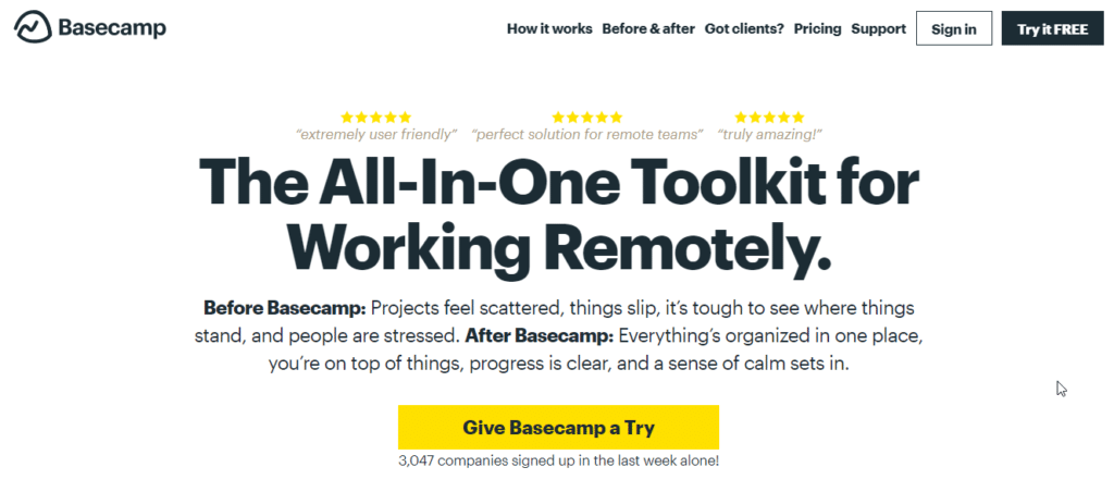 Basecamp Try it Free Home page