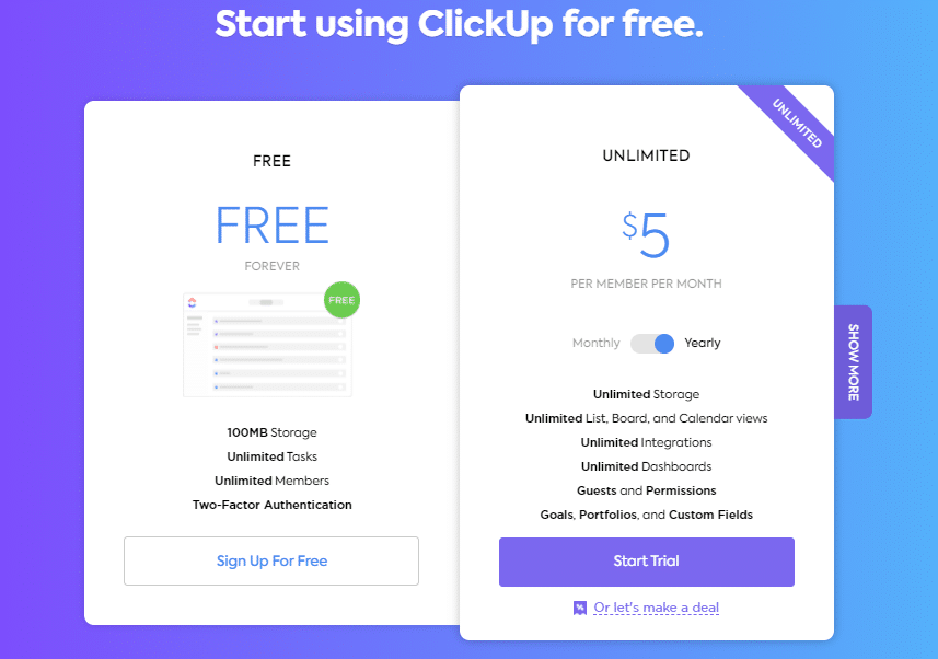 ClickUp Pricing ad Free Plan page