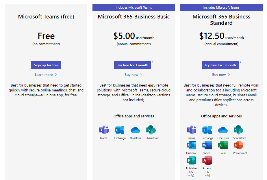 Microsoft Teams Pricing and Free Plan page