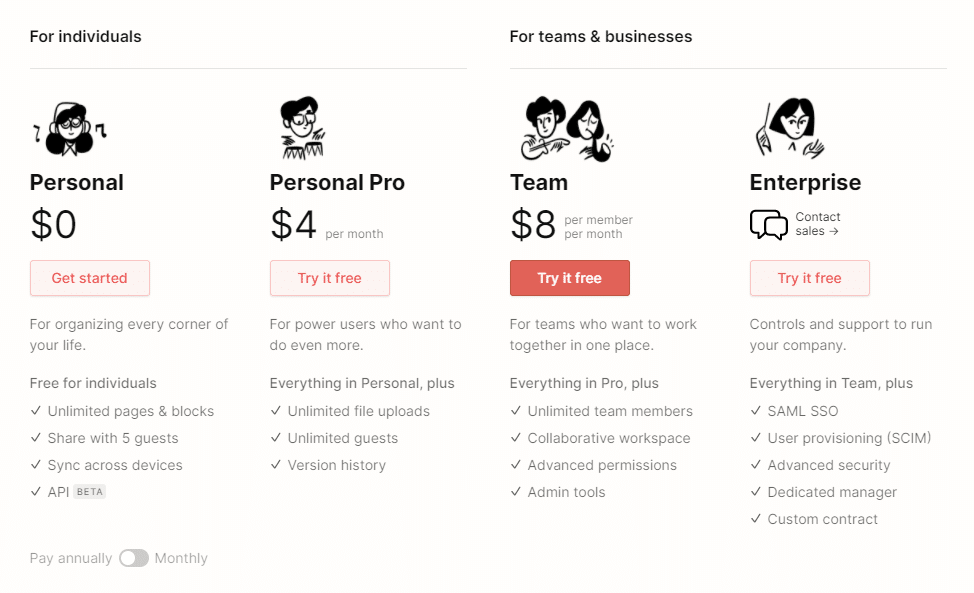 Pricing and Free Plan page for Notion online collaboration software