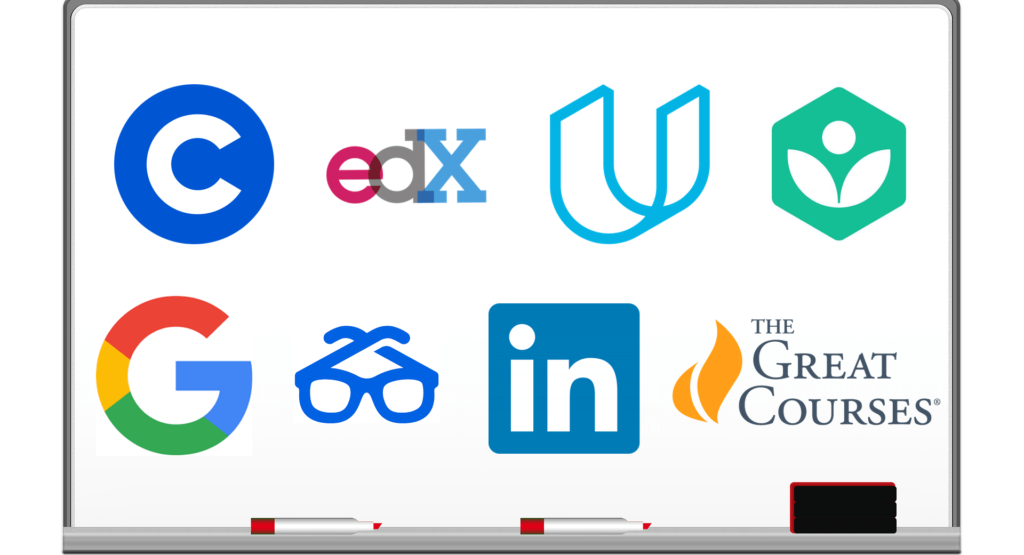 Logos on whiteboard: Coursera, edX, Udacity, Khan Academy, Google, Degreed, LinkedIn, The Great Courses