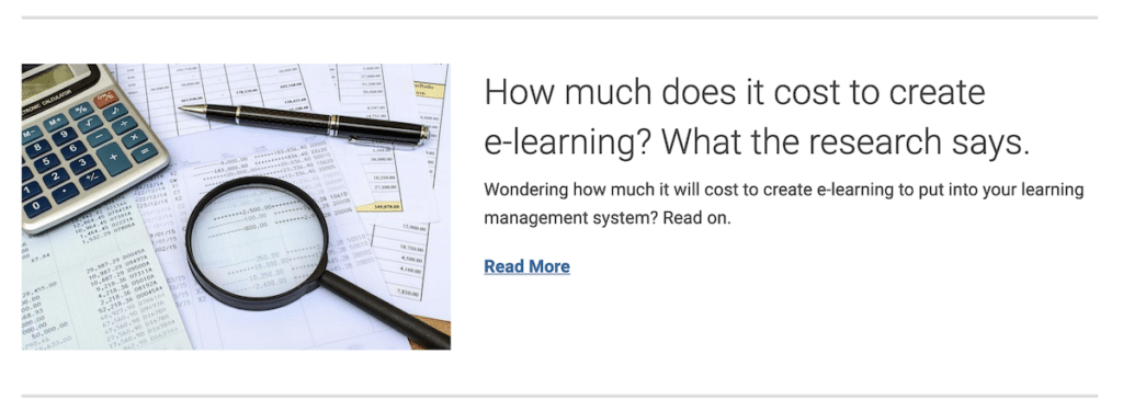 Blog post title: How much does it cost to create e-learning. What the research says. Photo of magnifying glass, calculator, and pen on top of financial documents.