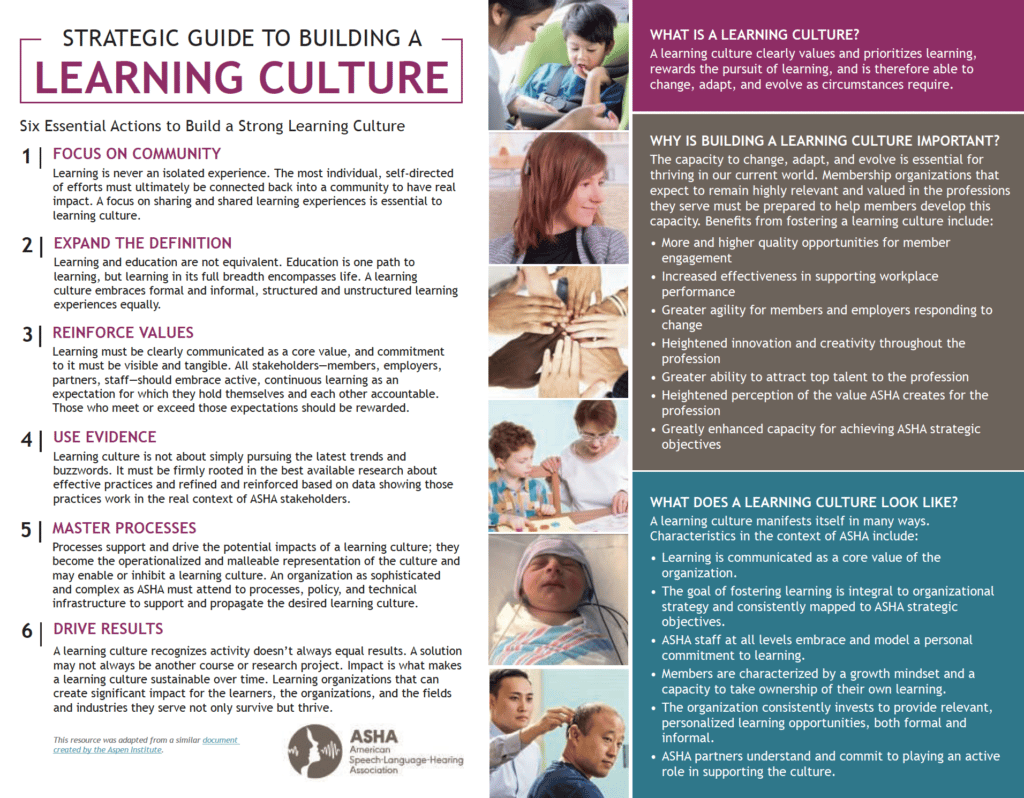 The example Learning Culture Snapshot from ASHA has six essential actions to build a strong learning culture. It also explains what a learning culture is, why it's important, and what it looks like. And all on one page.