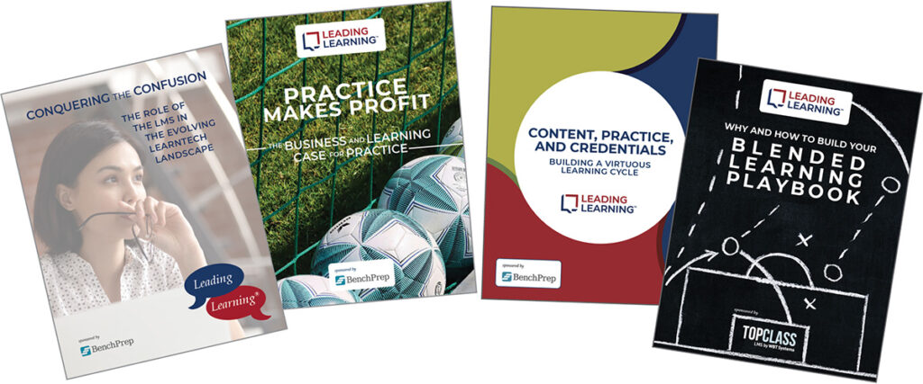 Four executive briefing covers: Conquering the Confusion, Practice Makes Profit, Content, Practice, and Credentials, Blended Learning Playbook